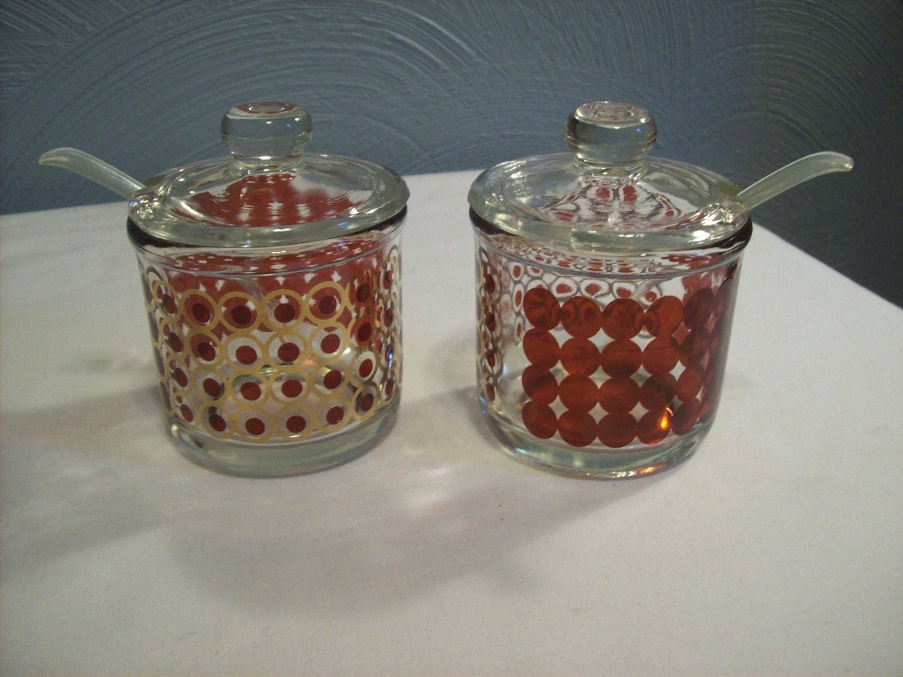 Vtg Jam or Jelly Sets, Clear glass, with Ruby Red and Gold, Dots, 3 pc sets