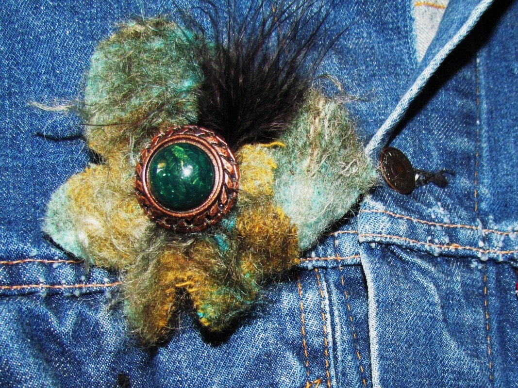 Upcycled Felted Mohair Wool  Flower  Brooch Hair Adornment Teal & Wheat