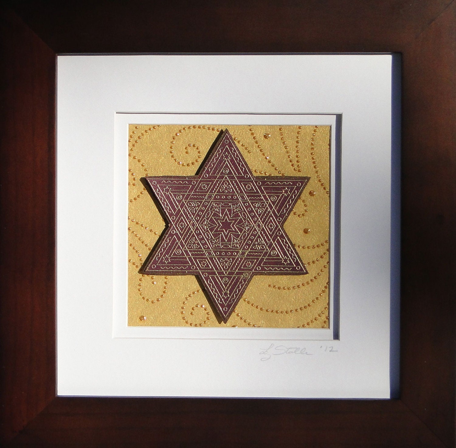 Framed Purple & Gold Jewish Star of David
