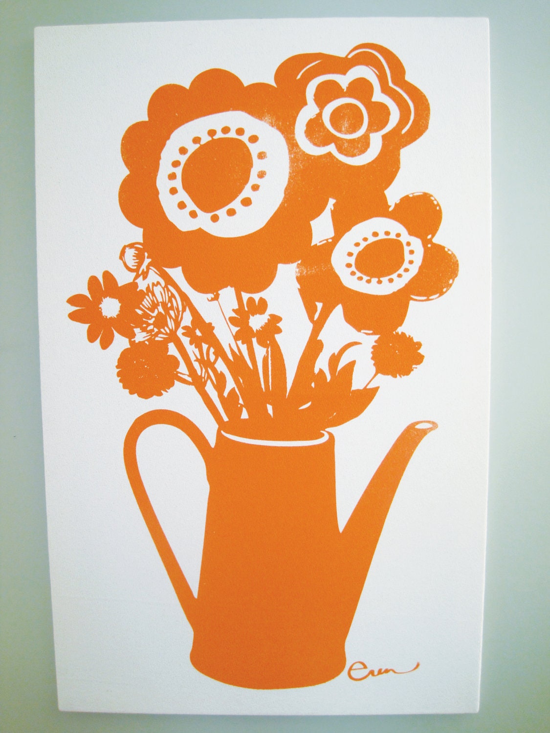 Large Mid Century Inspired Floral Wall Art Silk Screened on Bark Cloth