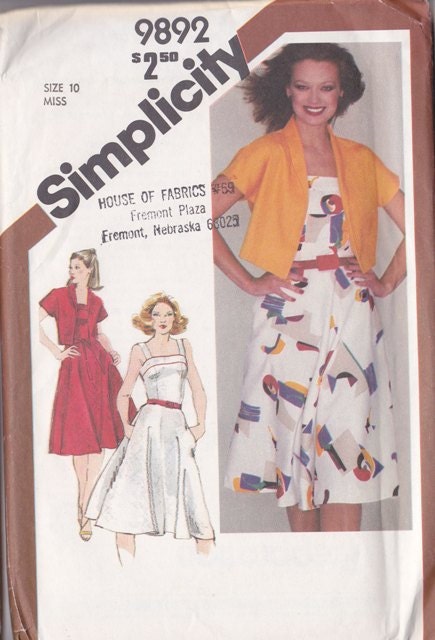 Misses Sundress & Bolero Jacket Pattern - Simplicity No 9892 - Size 10 Pattern - Bias Skirt - Kimono Sleeves - Shawl Collar Bolero - Uncut