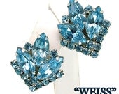 Vintage Pale Blue Rhinestone WEISS Clip on Earrings