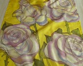 Yellow silk scarf with pale pink/ white roses, hand painted silk scarf OOAK, free tracked shipping
