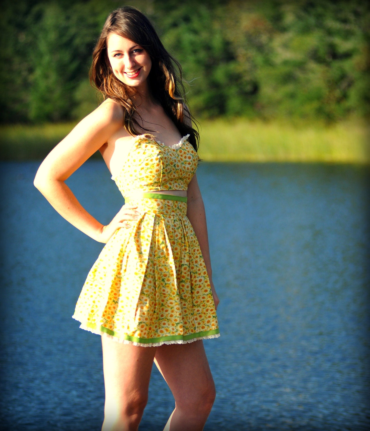 1940s Pinup Inspired Two Piece Set, Yellow Sunflowers and Green Ribbon and Lace Made to Fit You Any Size, Fabric and Length