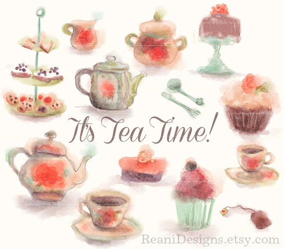 Tea Time and Cupcake Watercolor Clipart for personal and commercial use - Dessert Cookies Cooking Food Tart Pie Sandwich Kettle Cup Clip art