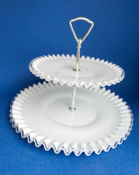 Fenton Two Tiered Milk Glass Plate Stand, Wedding, Party, Cookie Tray, Vintage White Ruffled Serving Dish