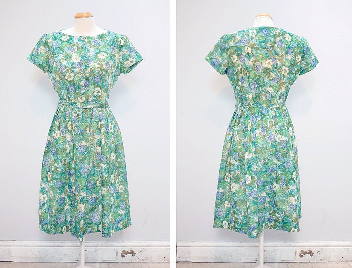 Green and Blue Floral 50s Day Dress - L