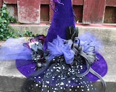 Purple and Black / Witch Hat / with Skulls / Black Roses and Glittery Spiders / Feathers / Halloween Centerpiece / by English Rose Designs
