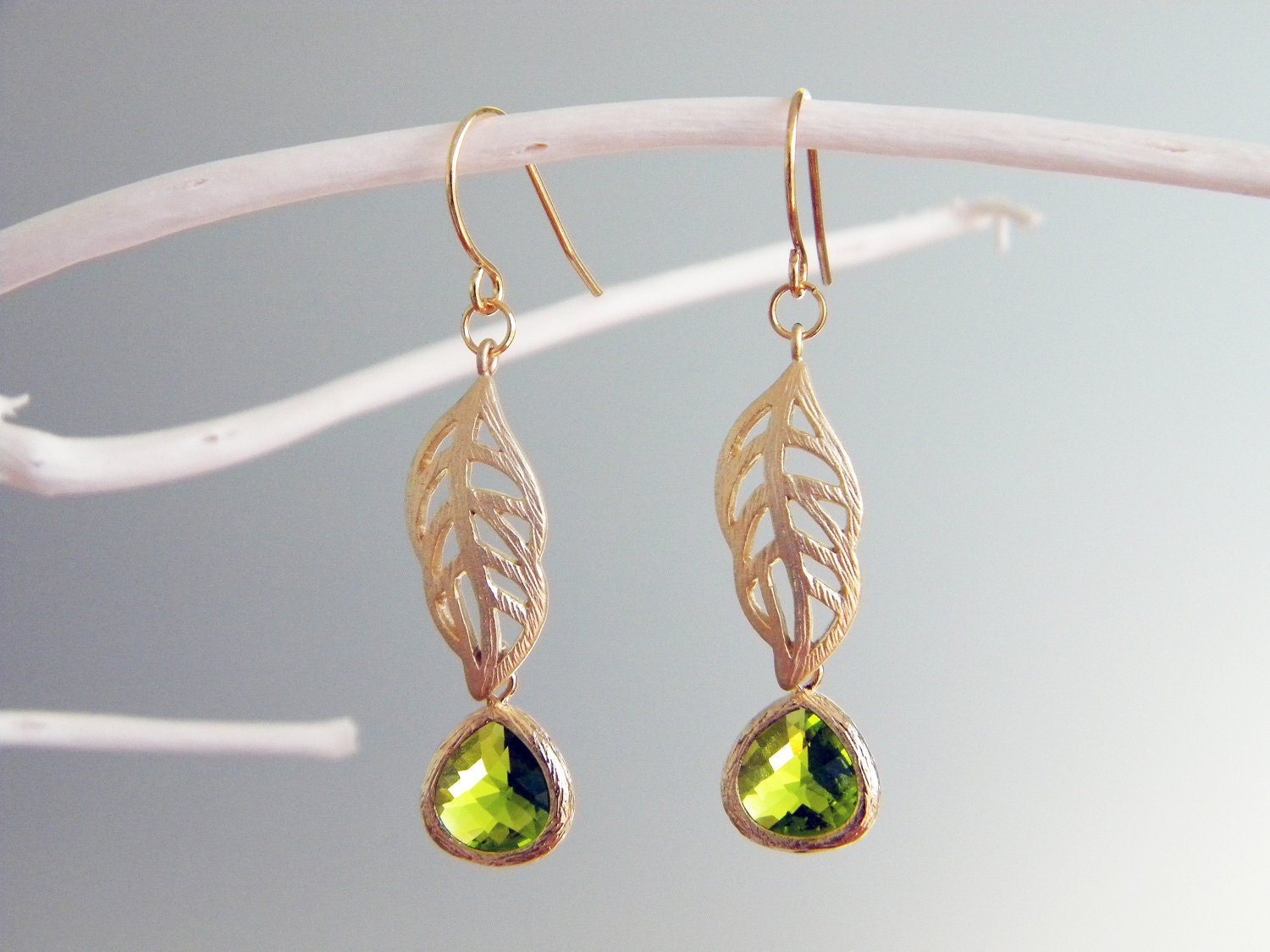 Caramel apples - green drop earrings with gold leaf detail findings - gold filled