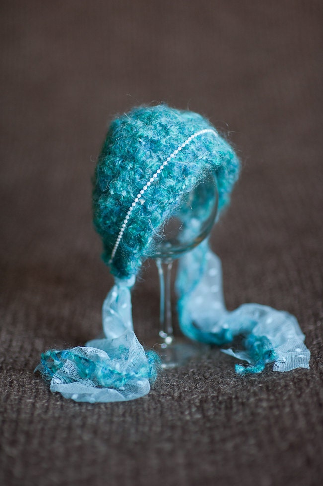 Crochet Newborn Bonnet. Teal. Turquoise. Pearls. Mohair. Wool. Photography Prop. Knit Hat. Baby Girl.