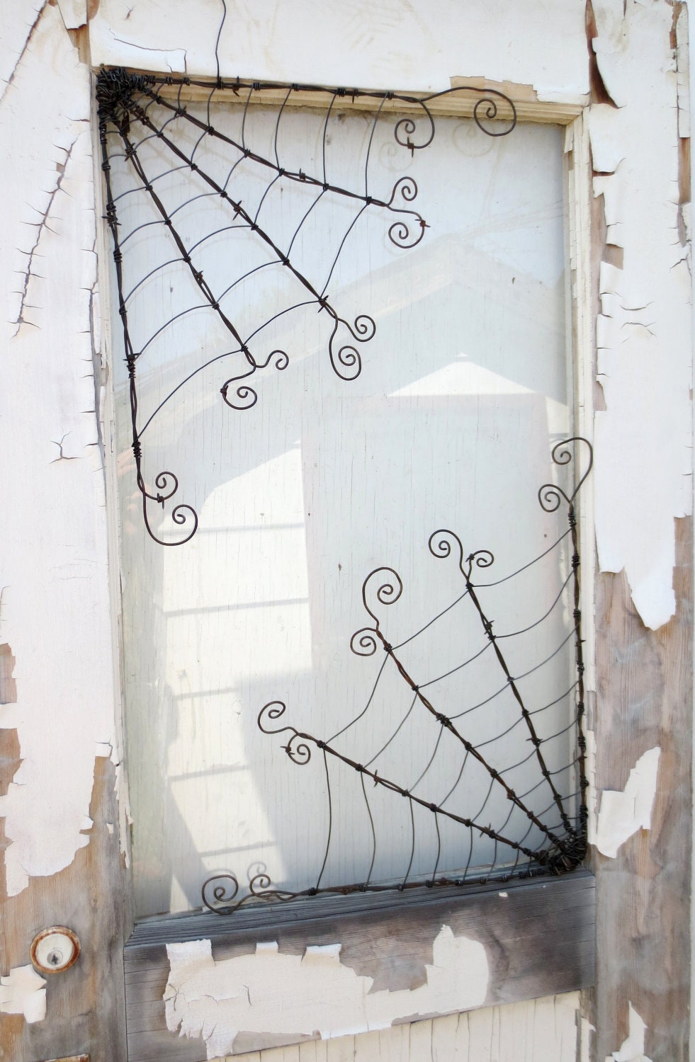 18" Odd Twisted Barbed Wire Corner Spider Web Reclaimed Art