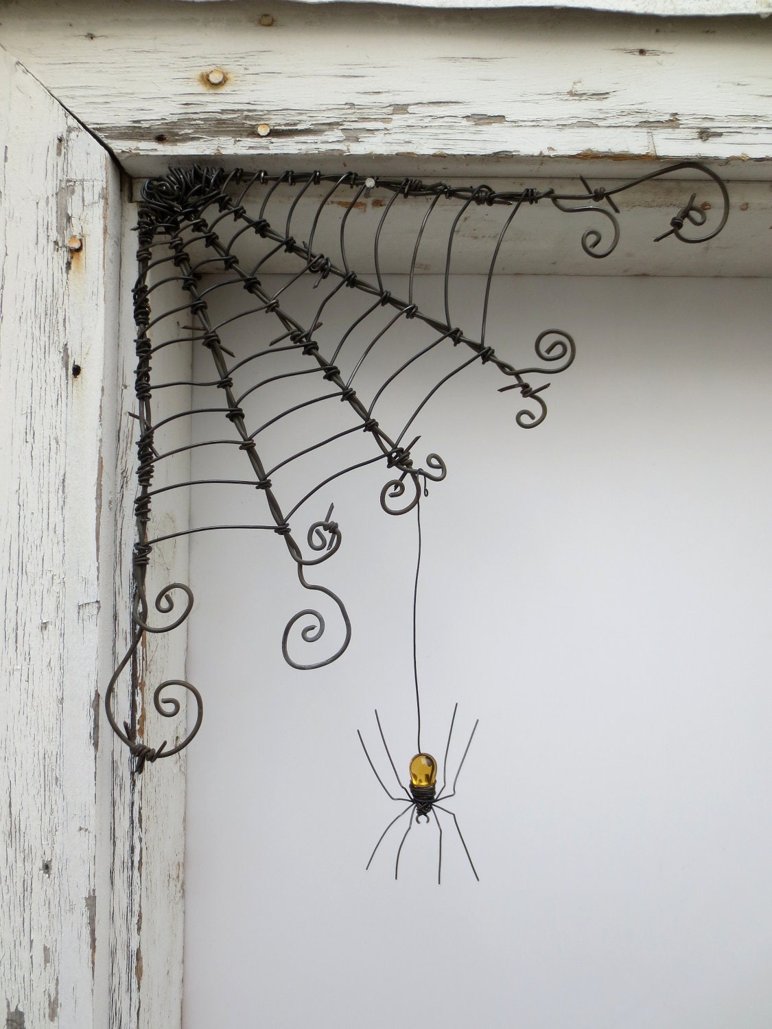 Czechoslovakian Yellow Spider Dangles From 12" Barbed Wire Corner Spider Web