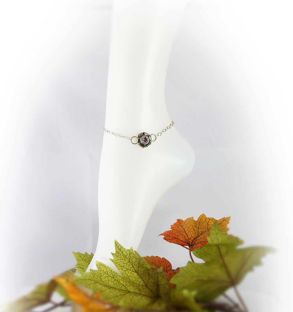 Sterling Silver Anklet, Ankle Chain, Bullet Rosette, Swarovski Crystal Center, Sweet, Feminine, Recycled