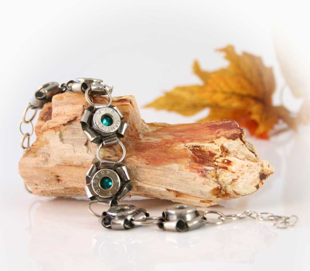 Bullet Bracelet, Nickel 45 ACP Casing Rosettes with Swarovski Crystals, Sterling Silver Links