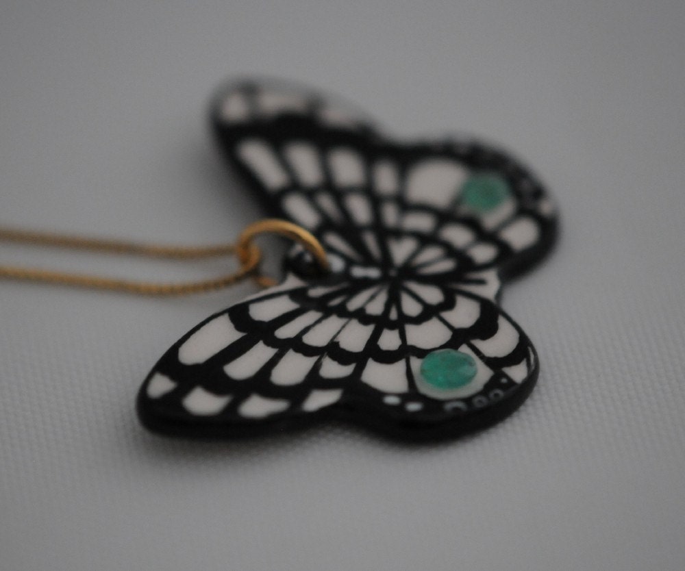 May Birthstone Butterfly Necklace Real Emeralds Inset Handpainted Ceramic 14k Gold Chain
