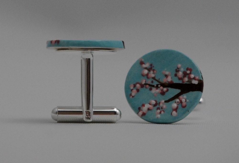 Hand Painted Cuff Links Cherry Blossom and Tiffany Blue