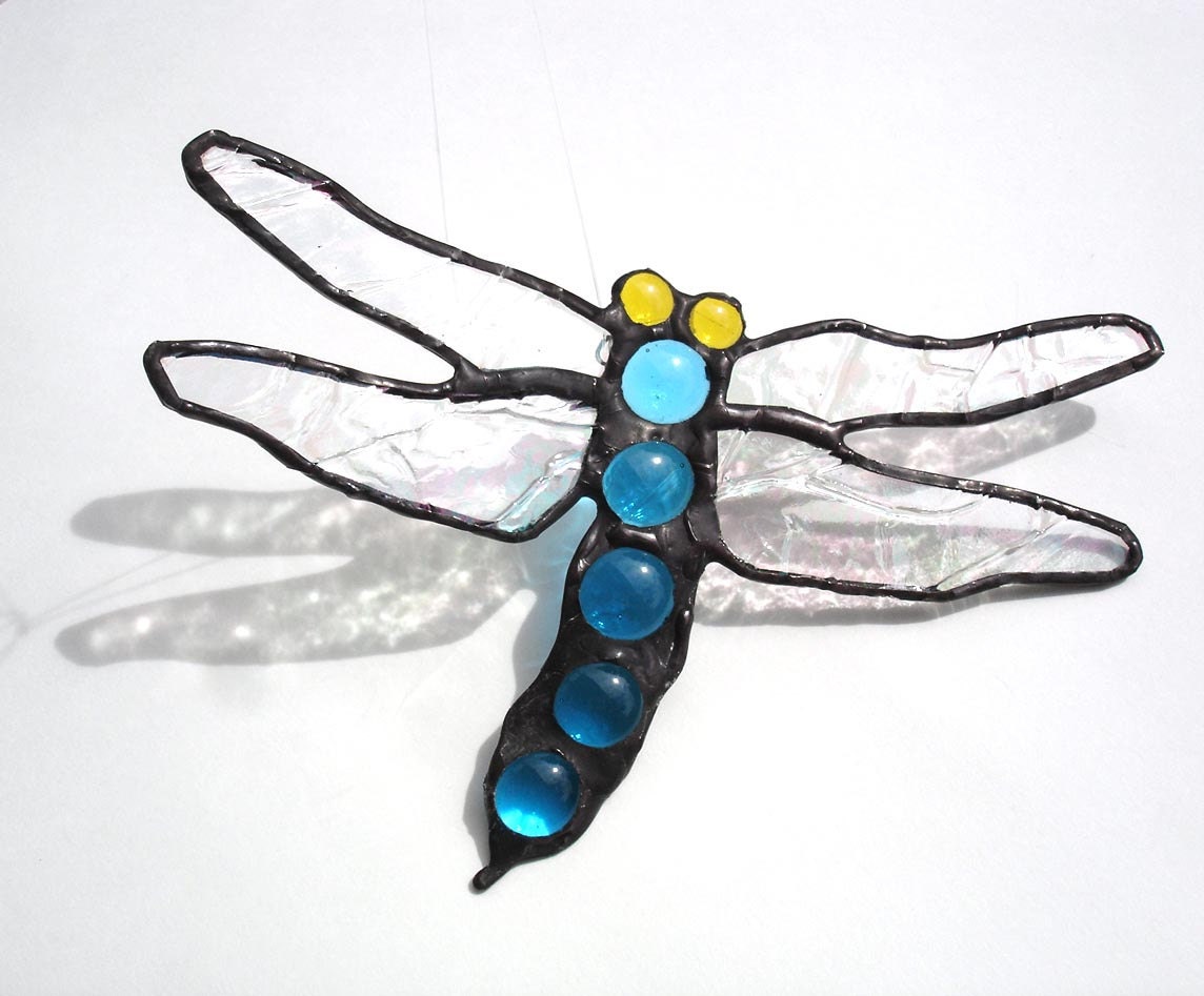 Dragonfly suncatcher stained glass sapphire blue hanging window art