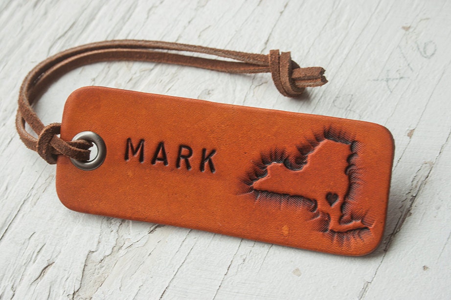 Love New York - personalized travel Luggage tag - Heart or Star on your city in New York - key ring or suede cord