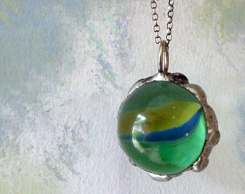 Magical Orb of Gypsy Curse Removal Necklace. Vintage Large Glass Marble. Oxidized Sterling SIlver