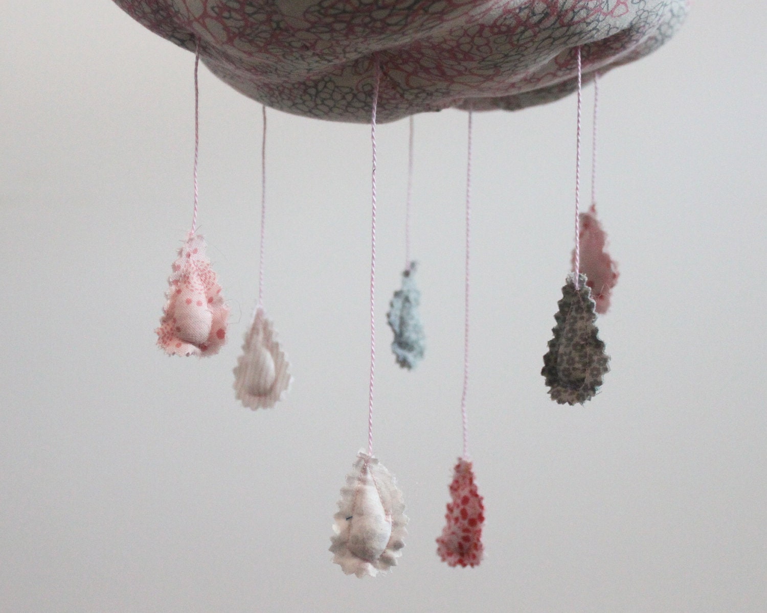Pink Cloud Mobile - fabric sculpture for child nursery decor in silver gray, snow white, blush pink, and rose