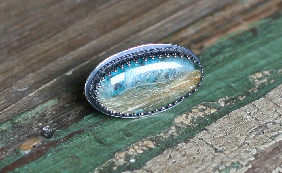 RESERVED Rutilated Quartz Ring with Embedded Chrysocolla