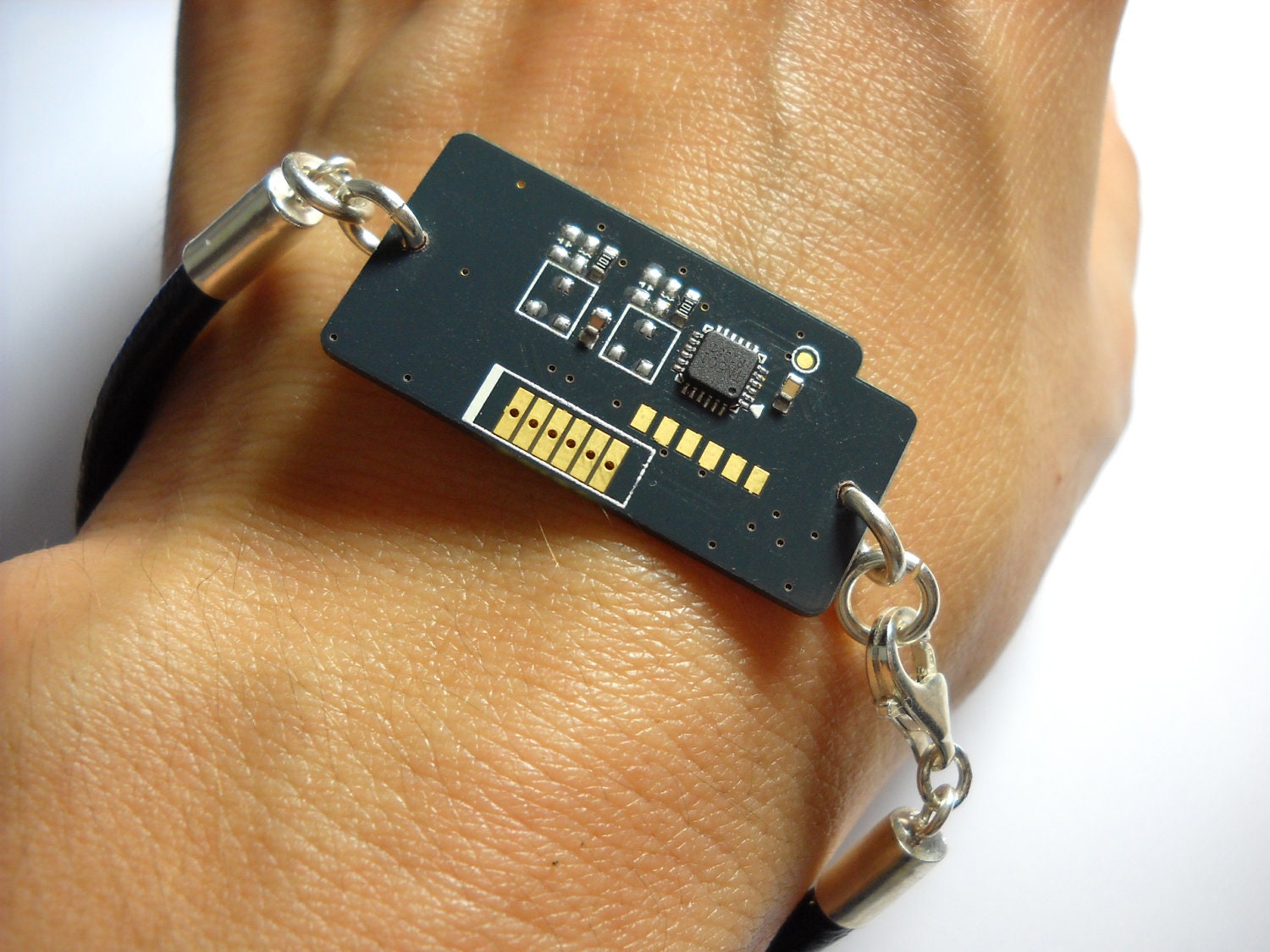 Chip and Superb Real Black Leather and Silver Recycled Unisex Bracelet