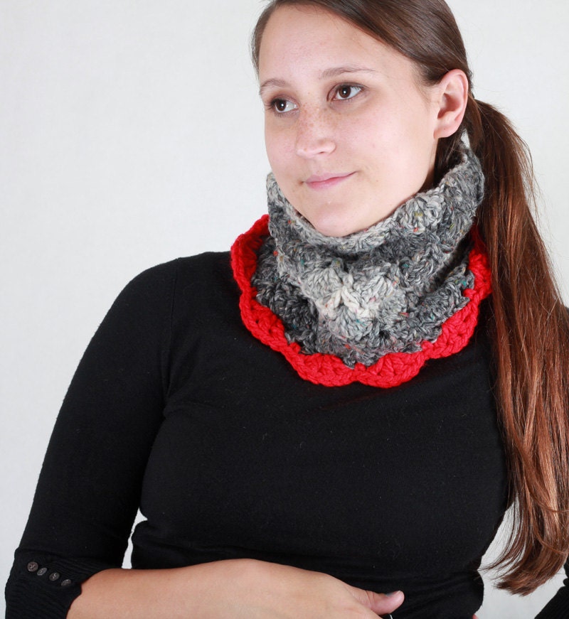 Red Grey Aran Multi Chunky Acrylic Wool NeckWarmer Scarflette Cowl with Button
