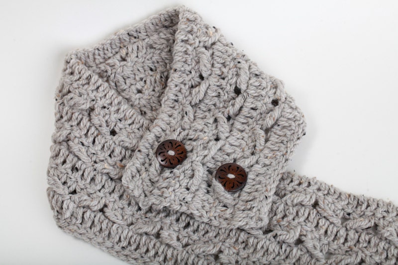 Speckled Grey Gray Tweed Chunky Acrylic Wool NeckWarmer Scarflette Cowl with Buttons