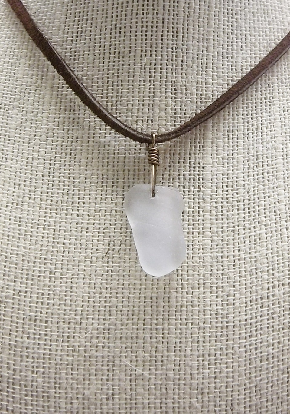 White Beach Glass Necklace On Suede Leather Cord Handmade