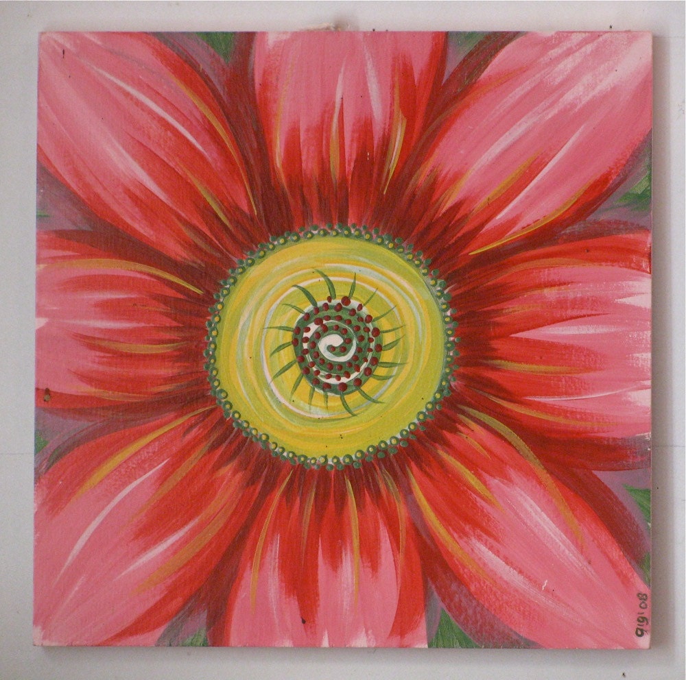 wall decor red daisy original acrylic painting on wood panel