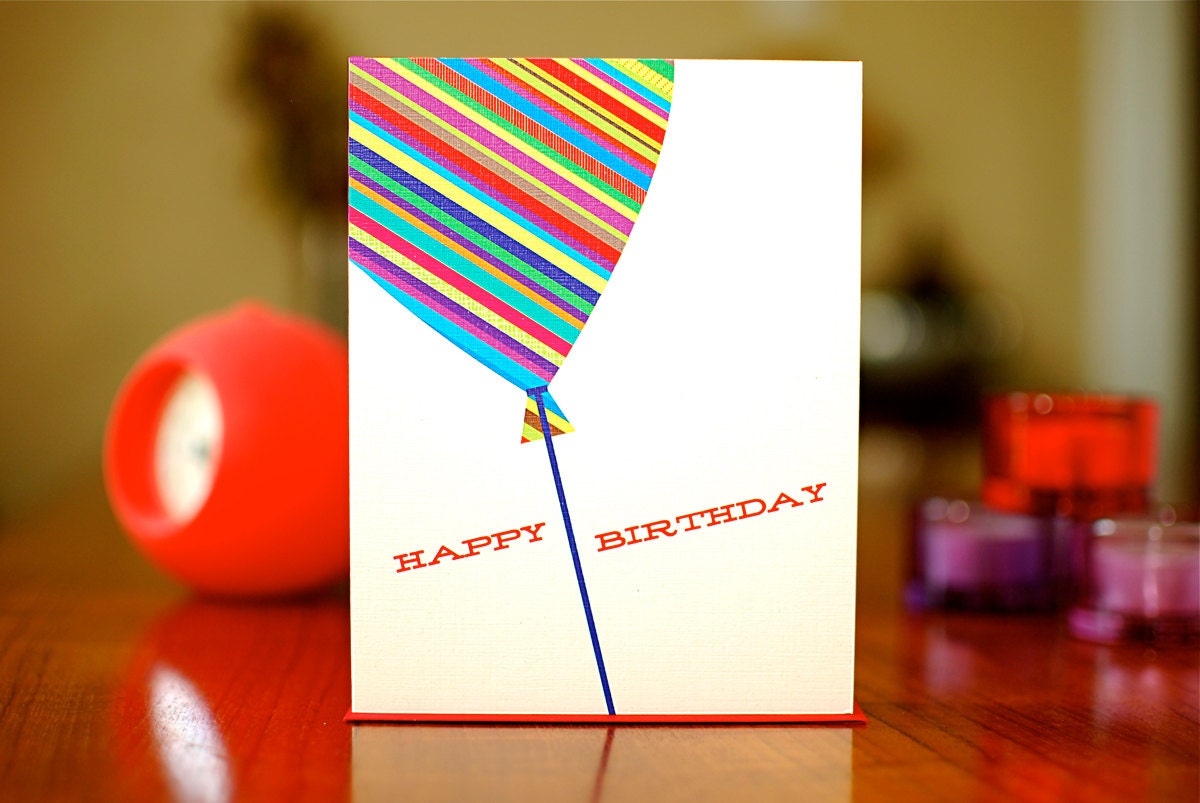 Up Up & Away - Rainbow Striped Balloon Birthday Card (100% Recycled Paper)