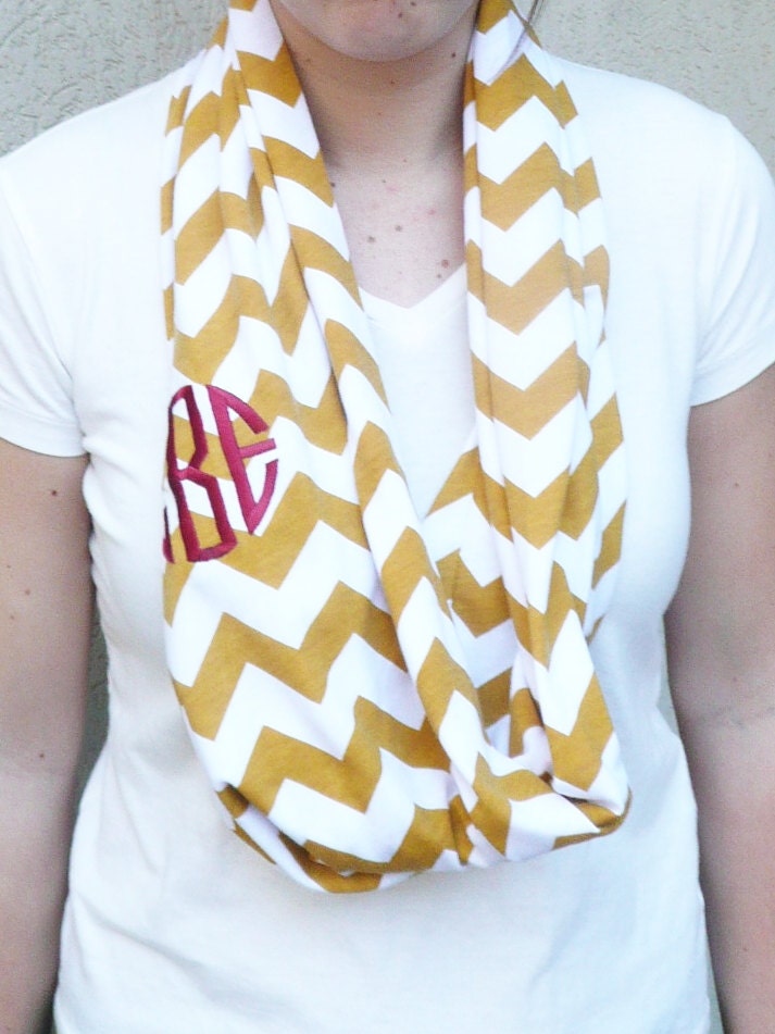 Chevron infinity scarf, Monogrammed chevron scarf, Monogrammed infinity scarf, chevron stripe, mustard and white and white