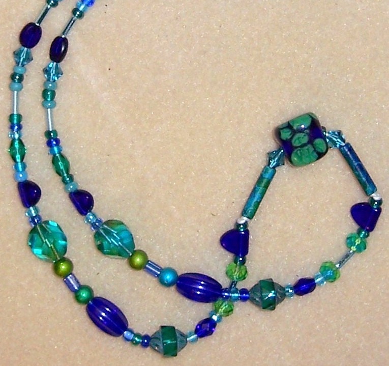 What's the dealio, O Tealio- Fabulous layered blue and green square lampwork focal bead OOAK original art glass necklace
