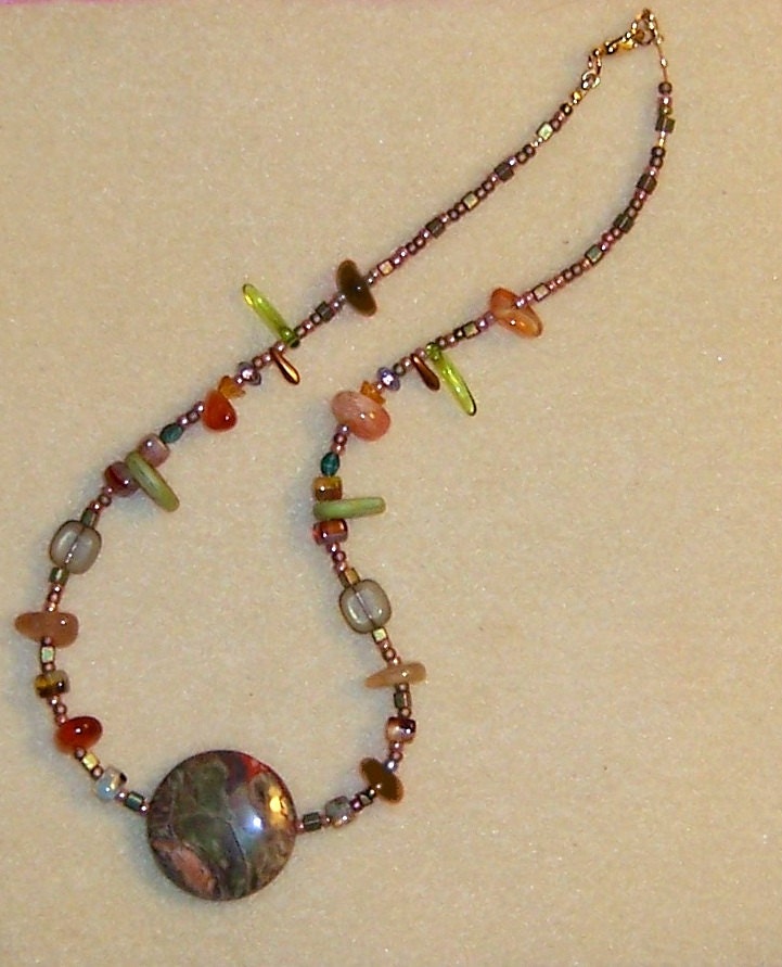 Smooth Operator, Attractive Olive and Rust Stone and Bead Necklace, recycled upscale necklace