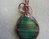 Green Stone wire wrapped Pendant necklace w Antique Copper nontarnish wire, watercolorsnmore copper green