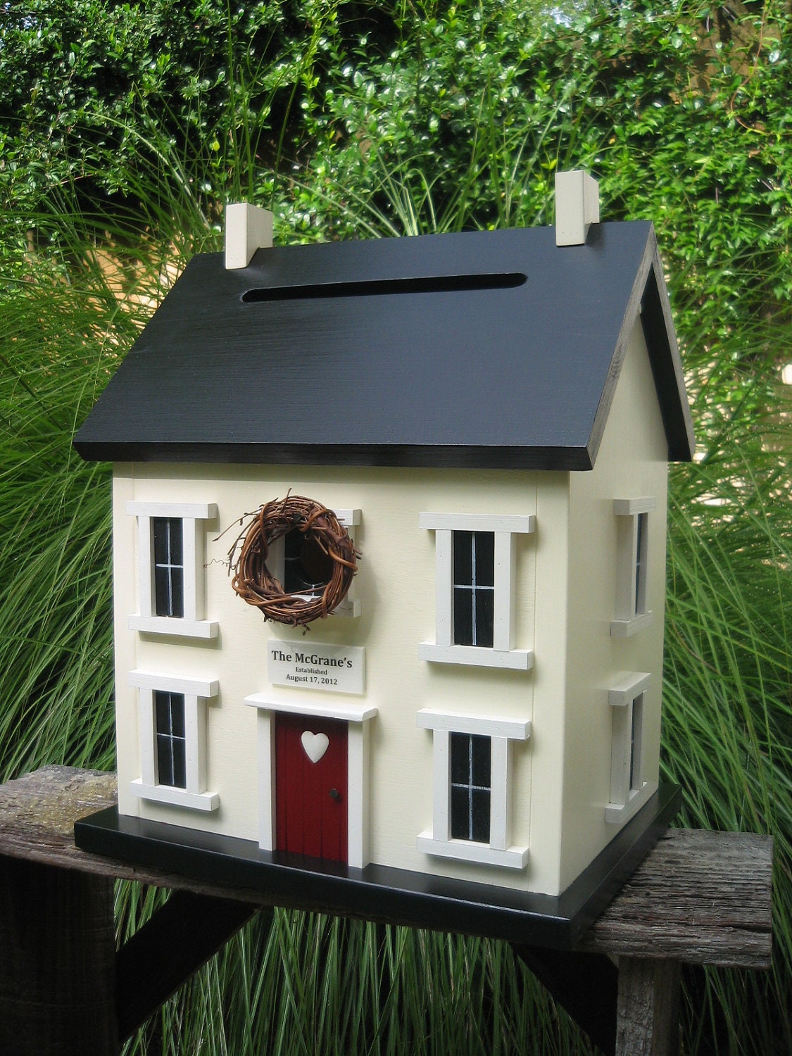 Private listing for Erin - Birdhouse Wedding Card Holder Latte Cream Black and Chile Pepper Red