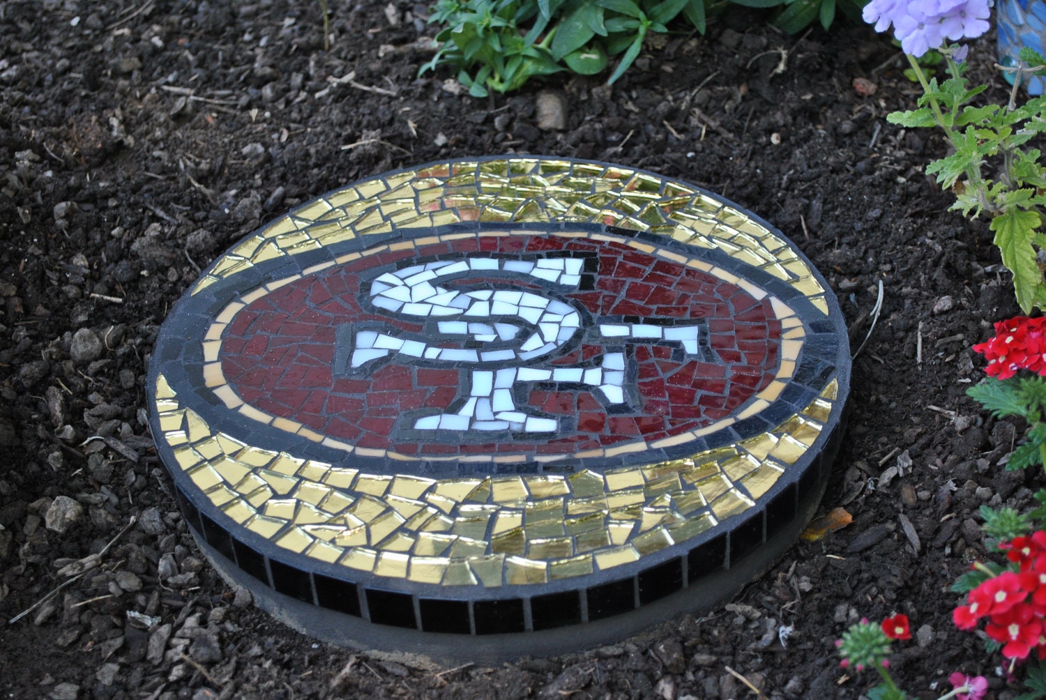 Custom designed sports team mosaic garden stepping stones