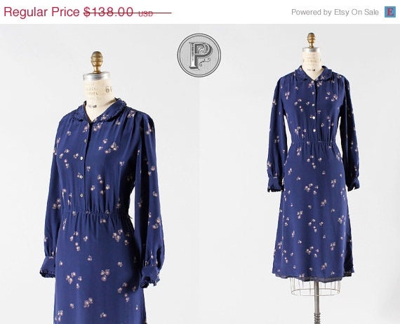 SALE....two day sale // vintage dress large / navy blue silk dress : Adrienne