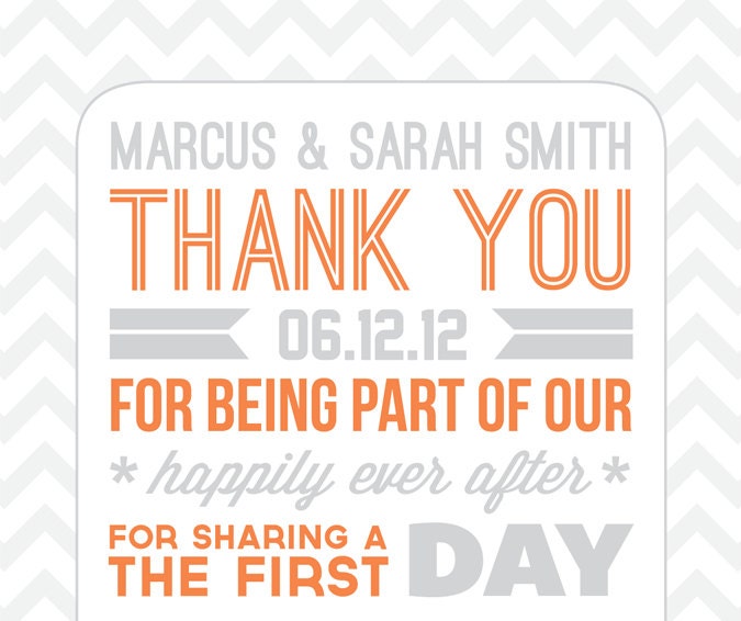 SET of 10 Customized Typography Wedding Thank You Cards in Burnt Orange Tangerine and Grey - Personalized Chevron Wedding Thank You Notes