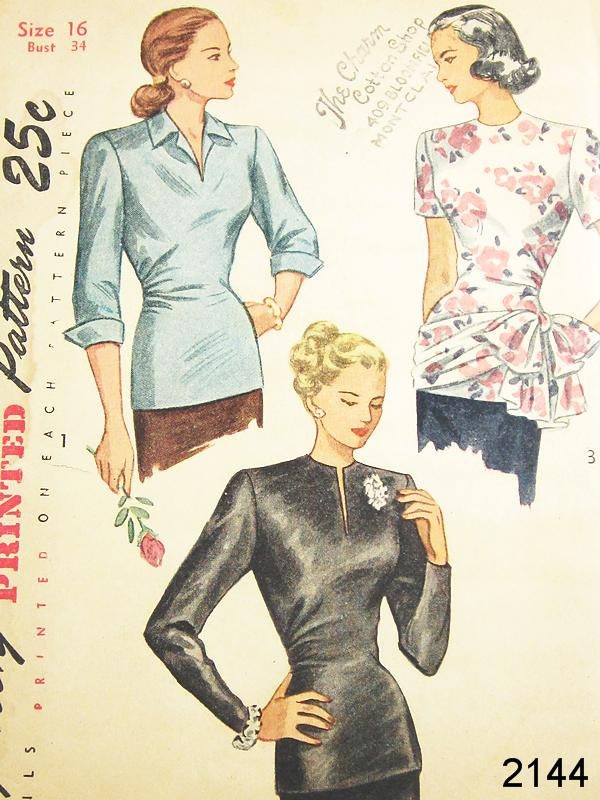Vintage 40s Blouse Pattern - Simplicity 2144 - Vintage 1940s Long Torso Blouse in 3 Variations - SZ 16/Bust 34