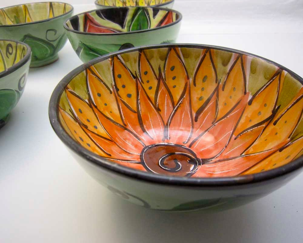 Handmade Majolica Pottery Ceramic Small Bowl Earthenware Clay Red Orange Lotus Flower