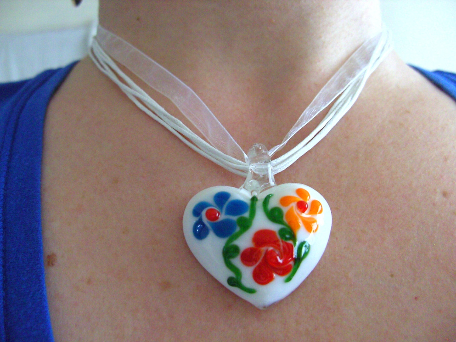 Folk, White, Glass, flowers, red blue orange green, love heart, pendant , necklace, by NewellsJewels on etsy