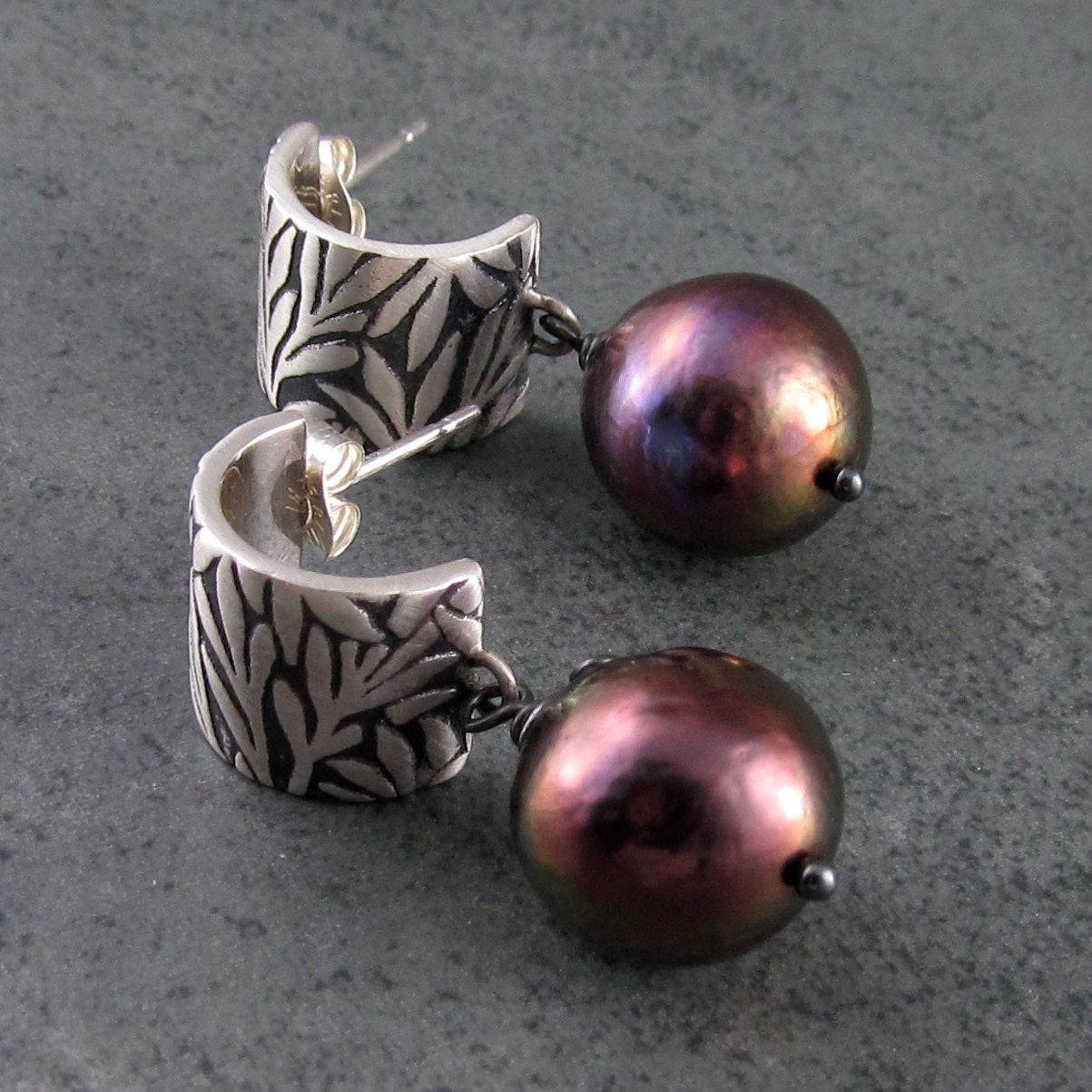 Peacock pearl earrings, handmade baroque black pearl & sterling silver earrings-OOAK