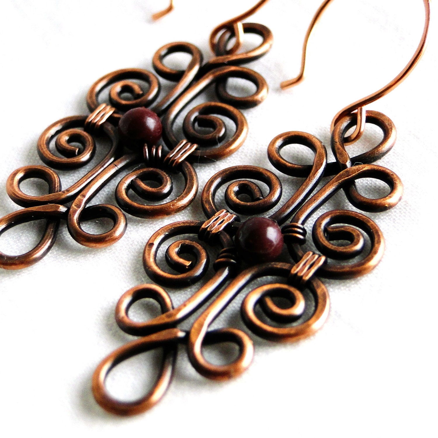 Wire Jewelry, Purple Stones, Mookaite, Jasper, Motif Design, Antiqued Copper Jewelry, Wire Wrapped Earrings