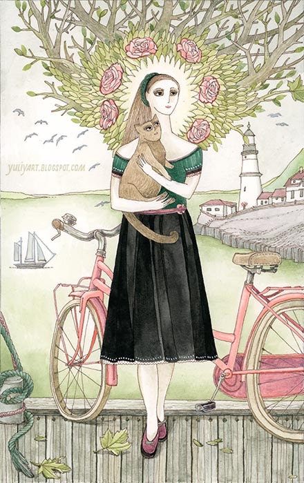 Girl and cat with pink bicycle - romantic illustration nursery decor gift for her watercolor drawing pastel print dreamy art lighthouse sea