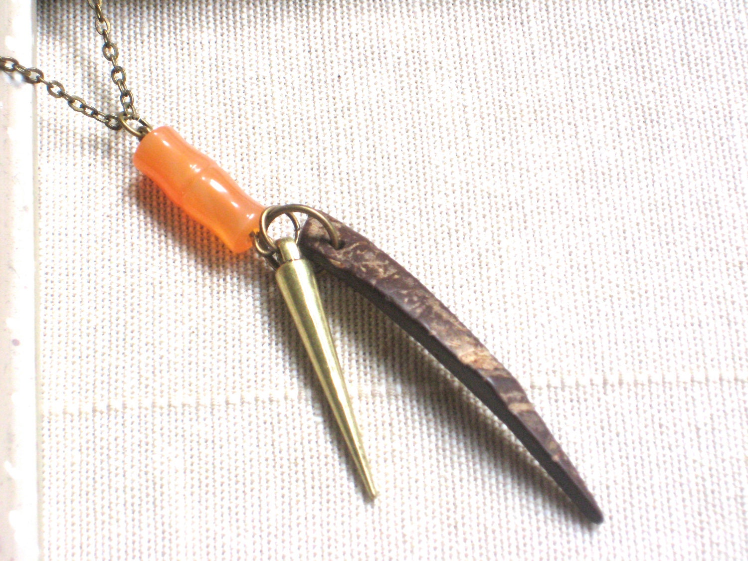 Carnelian Coconut Wood and Brass Dagger Necklace on Antique Gold Chain, Simple Layering, Long, Bohemian, Stone, Natural, Unisex