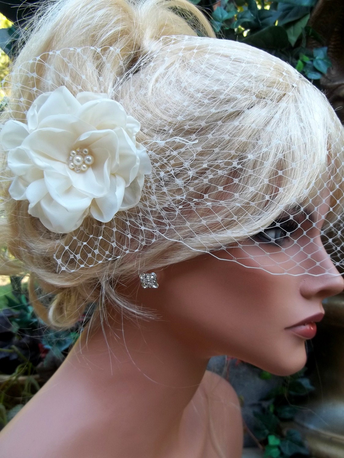 Ivory or White Flower Bridal Fascinator pearls swarovski crystals jeweled  hair clip with french netting accents and french net veil