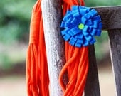 Infinity Scarf Necklace with Felt Rosette Brooch - Bright Orange with Blue Rosette Lime Center