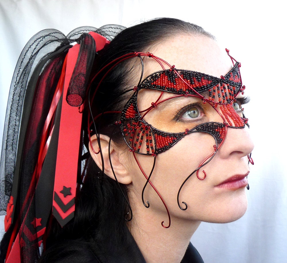 Red and black cyber goth masquerade mask, handmade