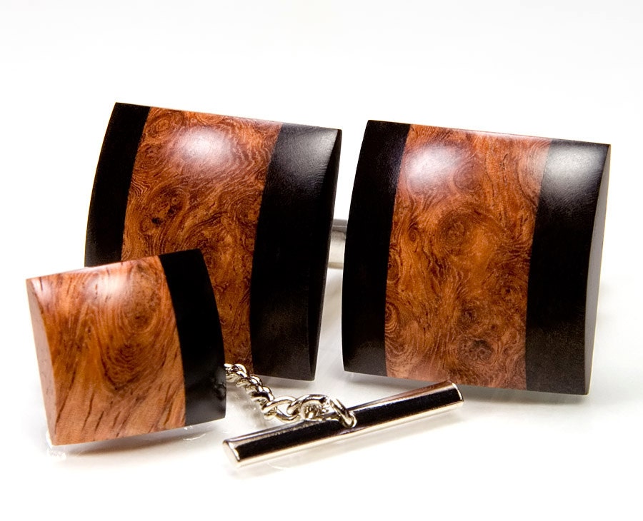 Cuff Link Tie Tack Set - Amboyna Burl Ebony Tie Pin - Unique Gift for Wedding, Anniversary, Fathers Day, Groomsmen